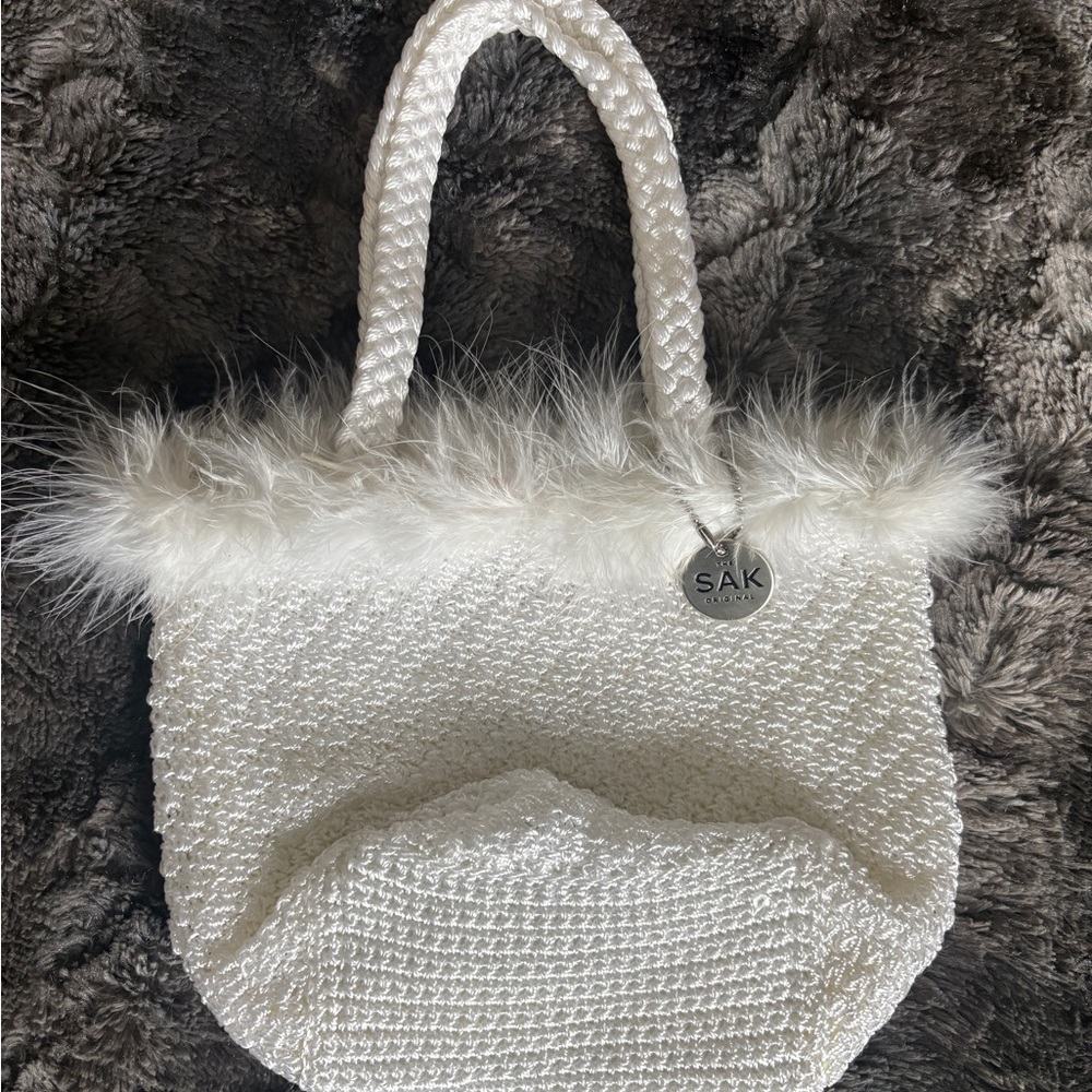 The Sak Cream Textured Tote with Faux Fur Trim